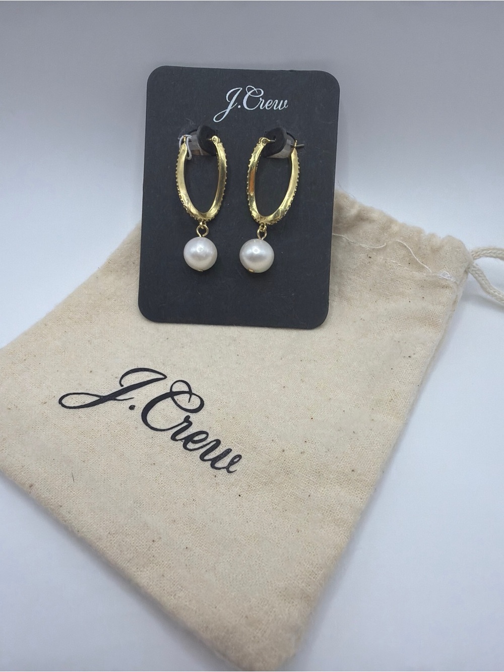NWT J.Crew Twist Pavé Pearl Drop Hoop Earrings Gold Rhinestone Gift Bag
